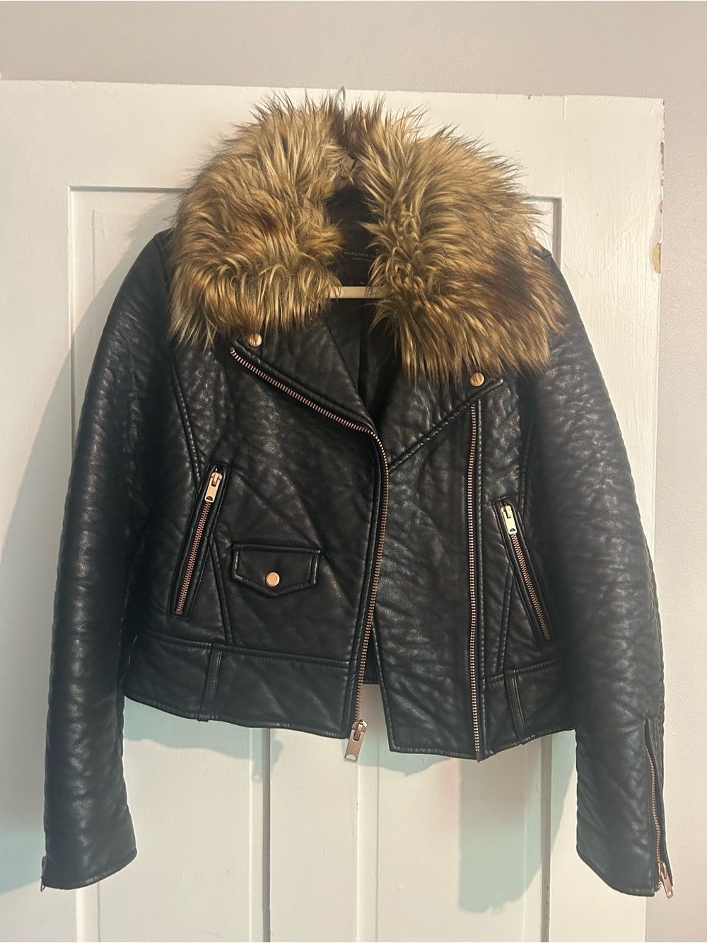 Marc New York Black Faux Leather Moto Jacket with Faux Fur Collar